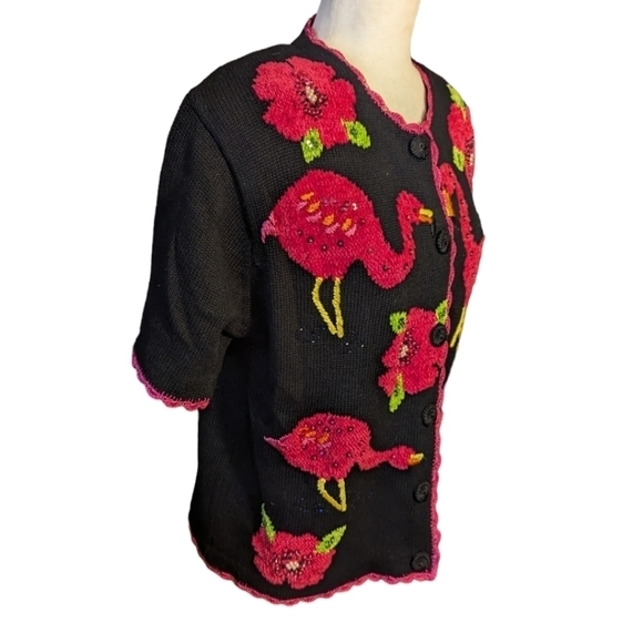 Vtg. Pink flamingos flowers beaded/sequined Black knit short sleeve cardigan XL - Picture 6 of 12